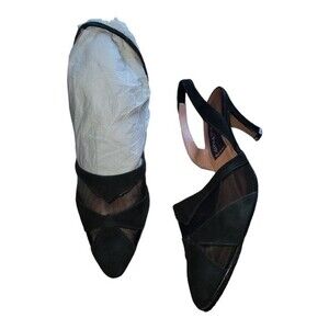 Phyllis Poland Suede Slingback Heels Pump Sandal Mesh Pointed Toe Black 7.5